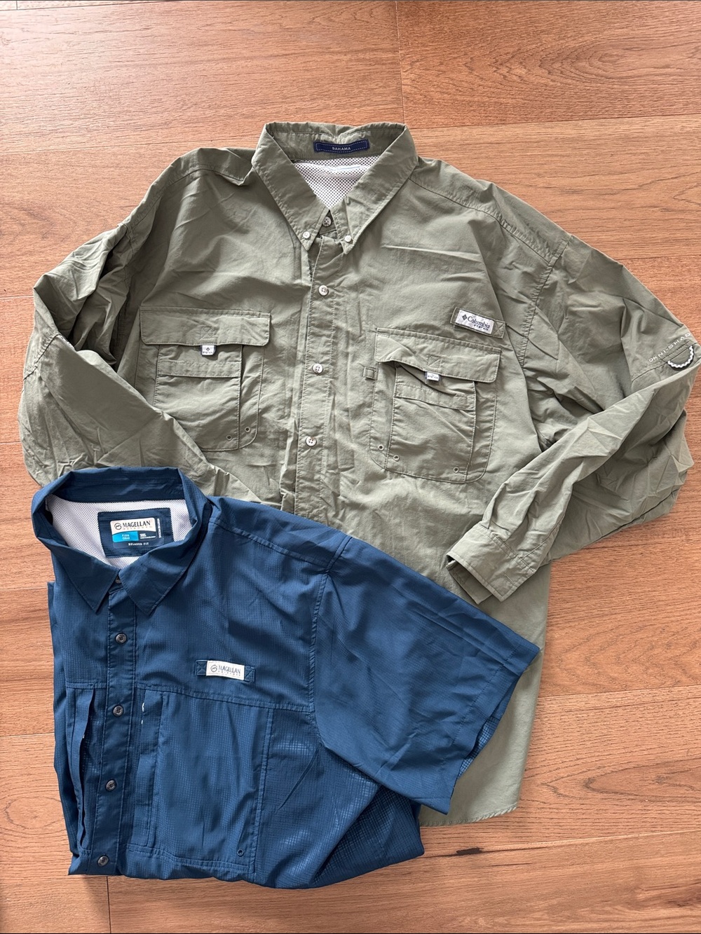 Columbia Men's fishing olive Shirt & Magellan Navy button up shirt